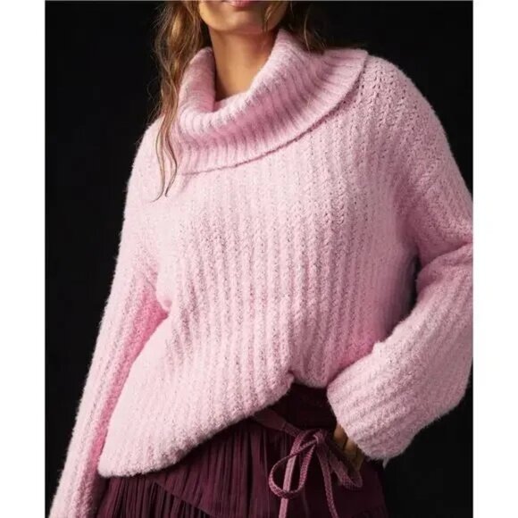 Anthropologie Pilcro Pink Chunky Knit Oversized Cowl Neck Sweater Size XL - Picture 2 of 10